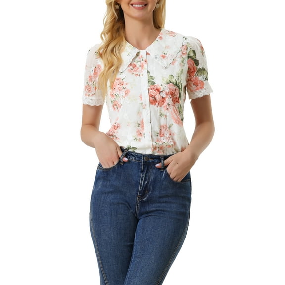 INSPIRE CHIC Women's Peter Pan Collar Shirt Lace Trim Floral Embroidered 1940s Peasant Blouse XS White Pink