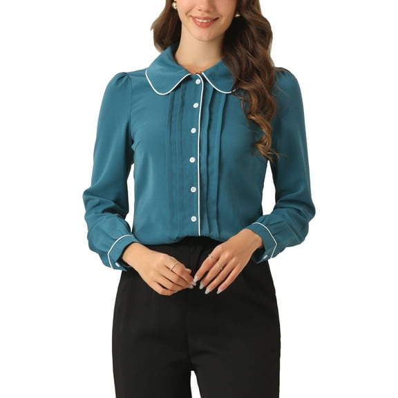 INSPIRE CHIC Women's Blouse Peter Pan Collar Puff Sleeve Contrast Trim Button Down Shirt M Blue Green
