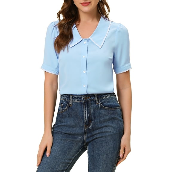 INSPIRE CHIC Women's Peter Pan Collar Shirt Puff Short Sleeve Button Chiffon Blouse Top