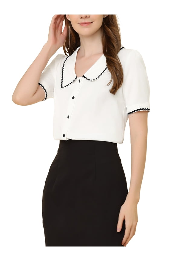 Women's Peter Pan Collar Shirt Puff Short Sleeve Button Chiffon Blouse Top L White