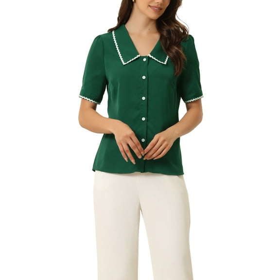 INSPIRE CHIC Women's Peter Pan Collar Shirt Puff Short Sleeve Button Chiffon Blouse Top