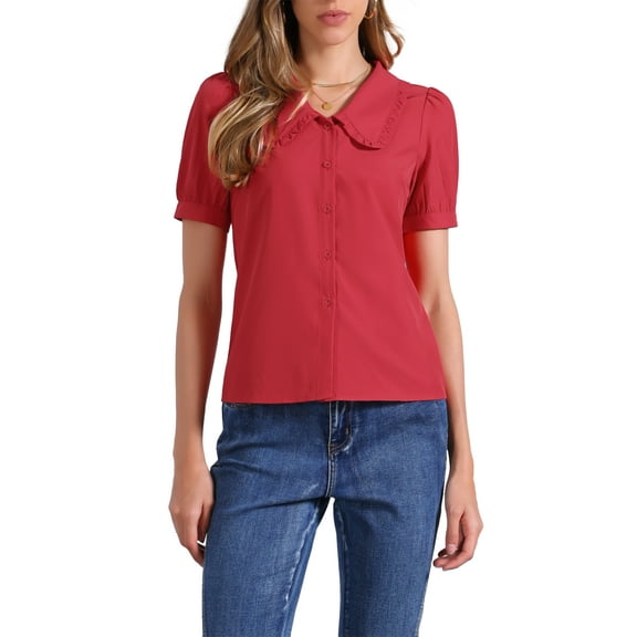 INSPIRE CHIC Women's Blouse Peter Pan Collar Puff Short Sleeve Retro Top L Red