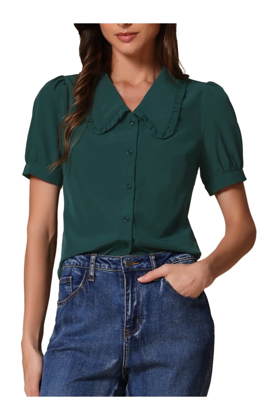 Women's Blouse Peter Pan Collar Puff Short Sleeve Retro Shirt S Dark Green
