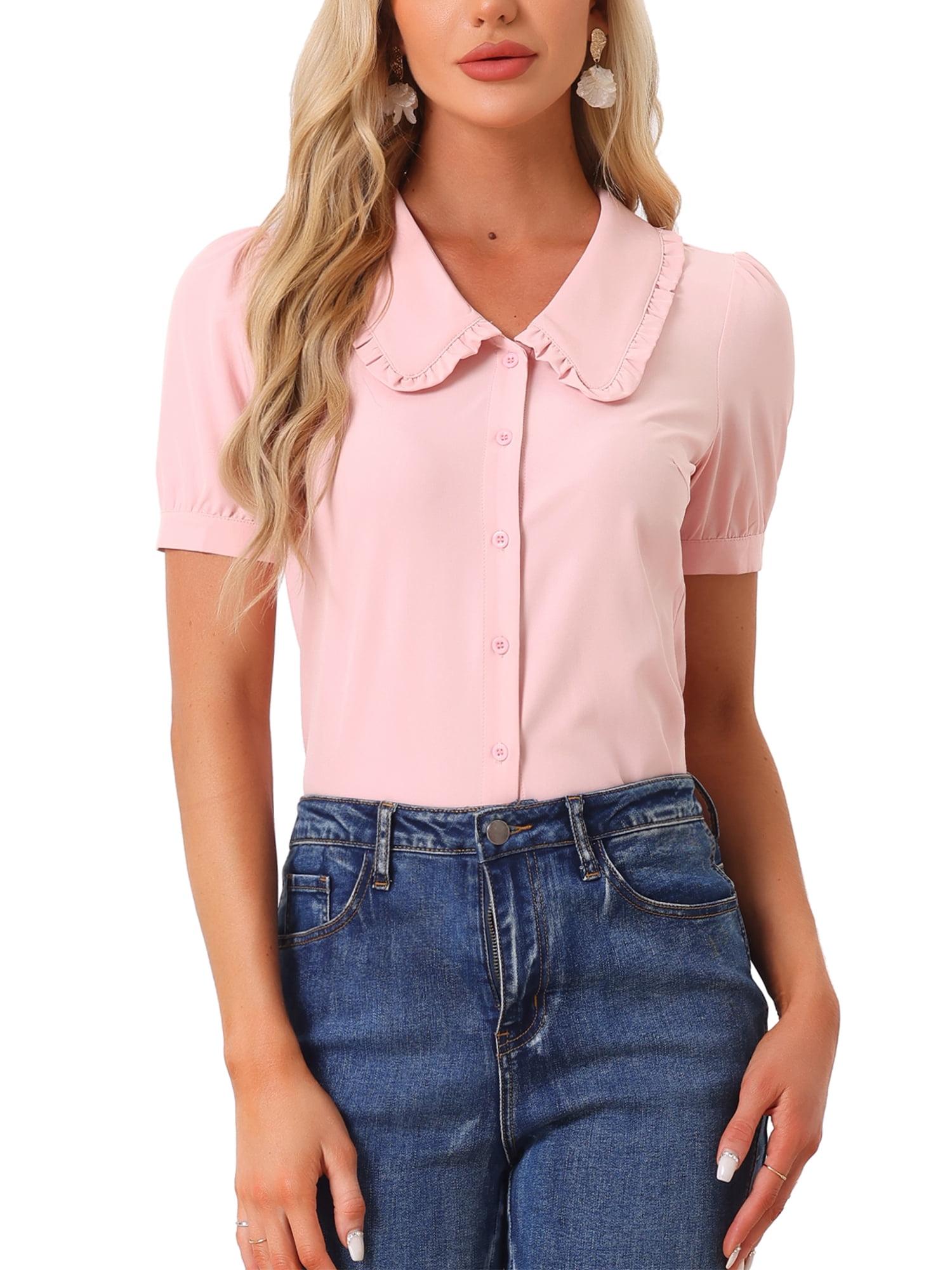 INSPIRE CHIC Women #39 s Peter Pan Collar Shirt Puff Short Sleeve Elegant INSPIRE CHIC Women #39 s Peter Pan Collar Shirt Puff Short Sleeve Elegant