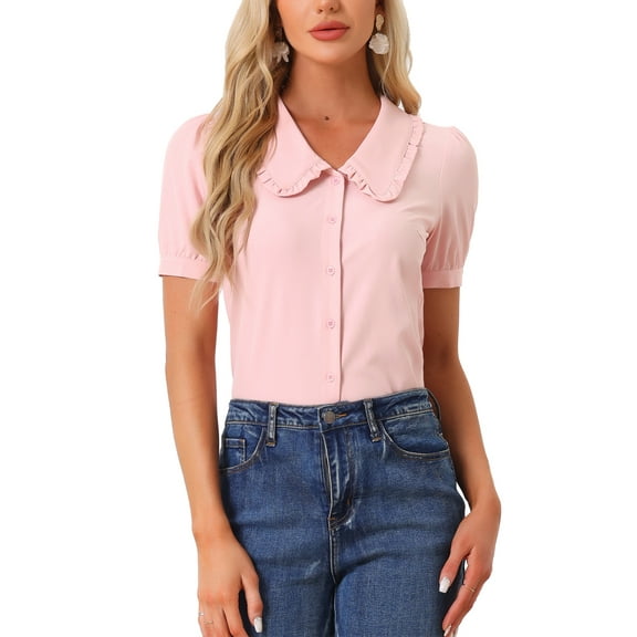 INSPIRE CHIC Women's Blouse Peter Pan Collar Puff Short Sleeve Retro Top L Pink