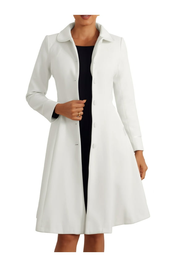 Women's Peter Pan Collar Single Breasted Belted Contrast Trim Swing Winter Coat S White