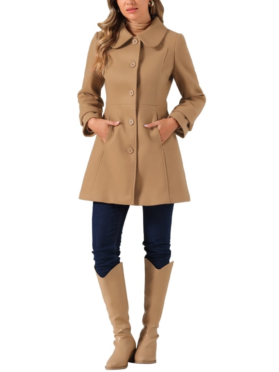 Women's Coats Peter Pan Collar Single Breasted Button Front Outwear Winter Coats M Camel