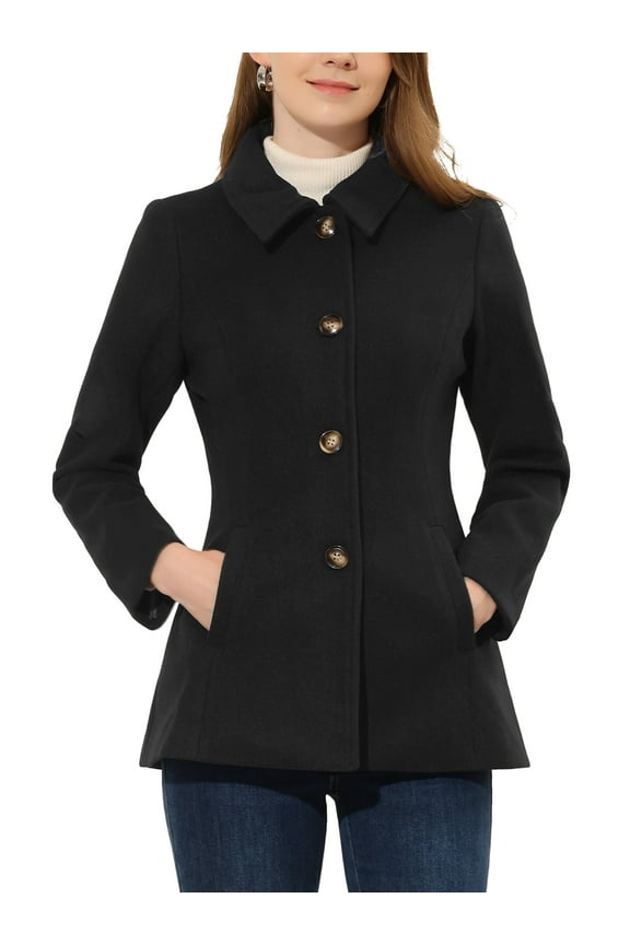 Women's Peter Pan Collar Single Breasted Overcoat Coat L Black