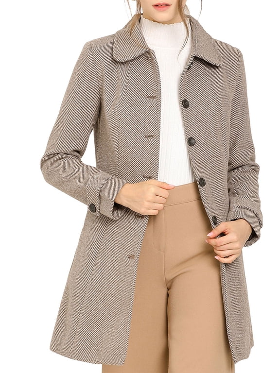 Women's Peter Pan Collar Single Breasted Winter Overcoat L Brown