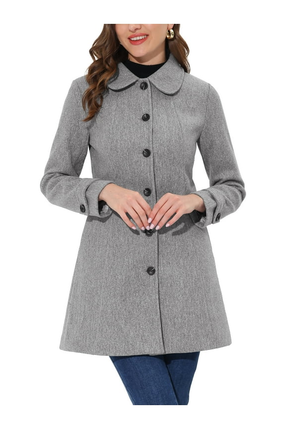 Women's Peter Pan Collar Single Breasted Winter Overcoat L Solid Grey
