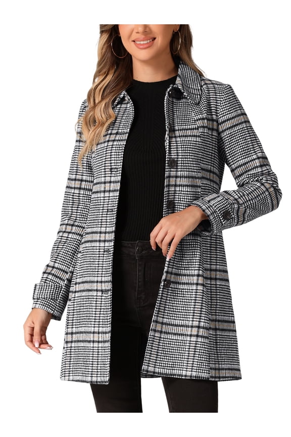 Women's Peter Pan Collar Single Breasted Winter Overcoat M Black White