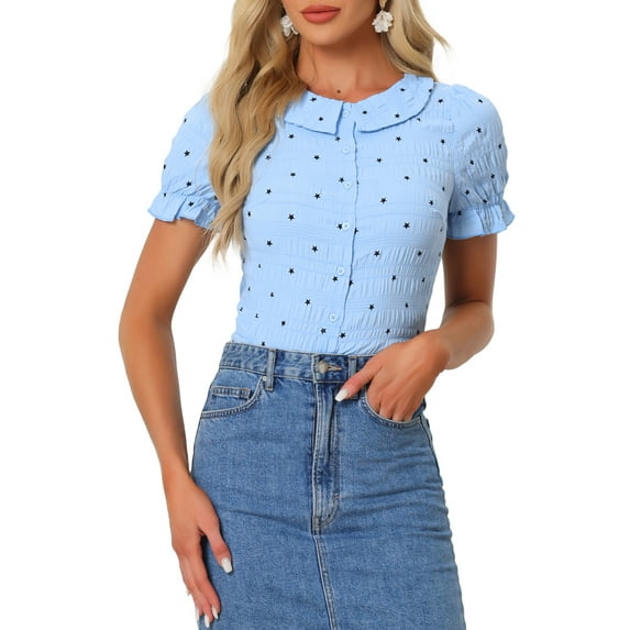 INSPIRE CHIC Women's Peter Pan Collar T Shirt Textured Stars Button Down Ruffle Top