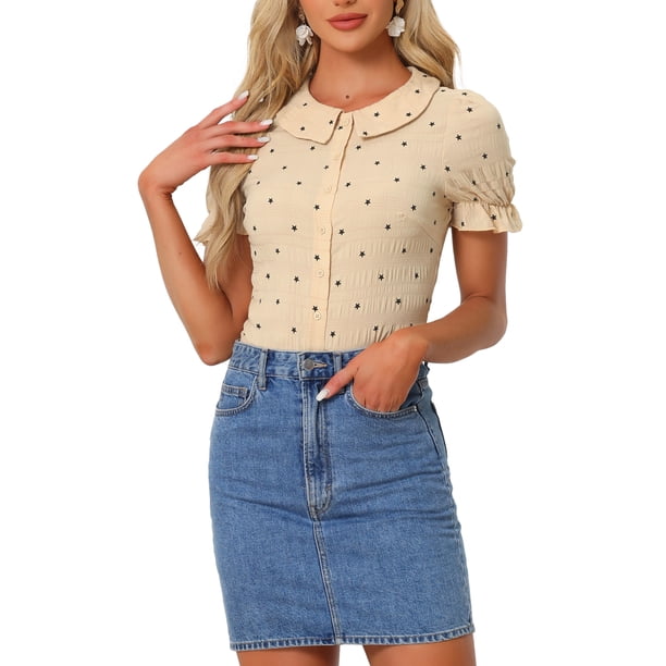 INSPIRE CHIC Women's Peter Pan Collar T Shirt Textured Stars
