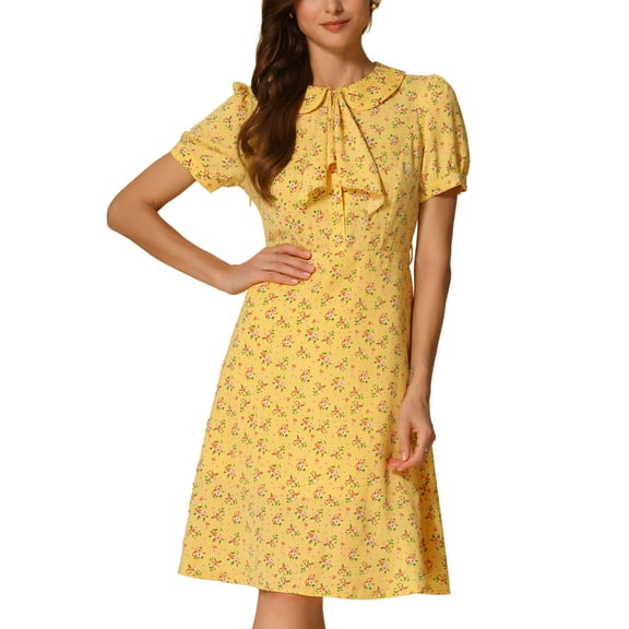 INSPIRE CHIC Women's Vintage Dress Floral Print Peter Pan Collar Knee Length Casual Dress XL Yellow