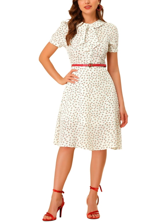 Women's Vintage Dress Floral Print Peter Pan Collar Knee Length Casual Dress S White