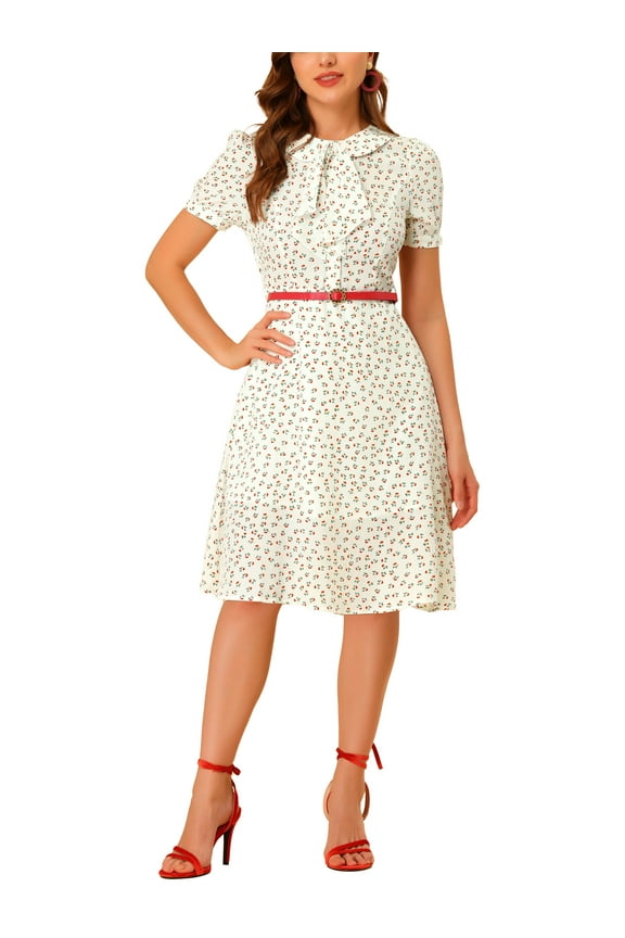 Women's Vintage Dress Floral Print Peter Pan Collar Knee Length Casual Dress L White