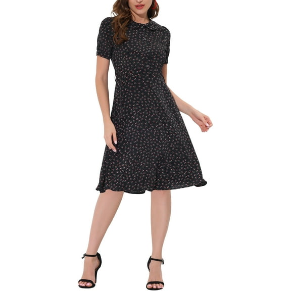 INSPIRE CHIC Women's Peter Pan Collar Tie Neck Short Sleeves A-Line Elegant Belted Vintage Floral Dress M Black