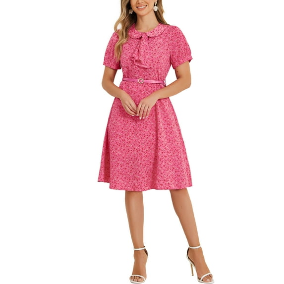 INSPIRE CHIC Women's Peter Pan Collar Tie Neck Short Sleeves A-Line Elegant Belted Vintage Floral Dress S Hot Pink