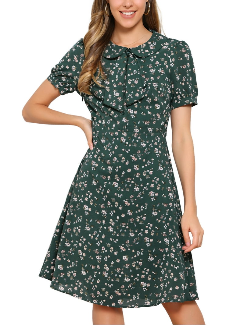 knee length peter pan collar dress Inspire Chic Women's Vintage Floral Print Casual Dress M Green, Size: Medium, White Deep V Halter Dress