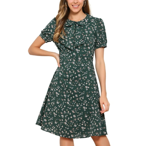 INSPIRE CHIC Women's Vintage Dress Floral Print Peter Pan Collar Knee Length Casual Dress S Green