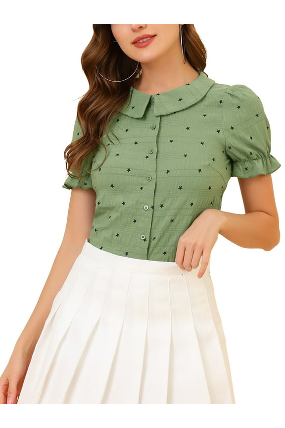 Women's Peter Pan Collar Top Blouse Ruffle Puff Sleeve Stars Button Down Shirt Green S