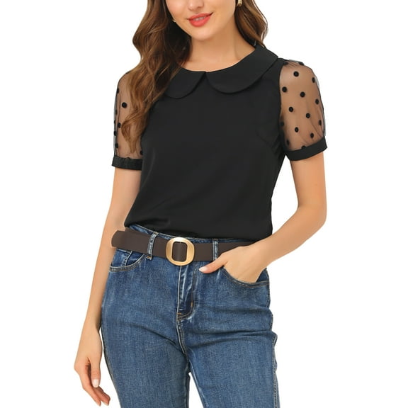 INSPIRE CHIC Women's Top Peter Pan Collar Mesh Puff Short Sleeve Vintage Polka Dots Blouse L Black