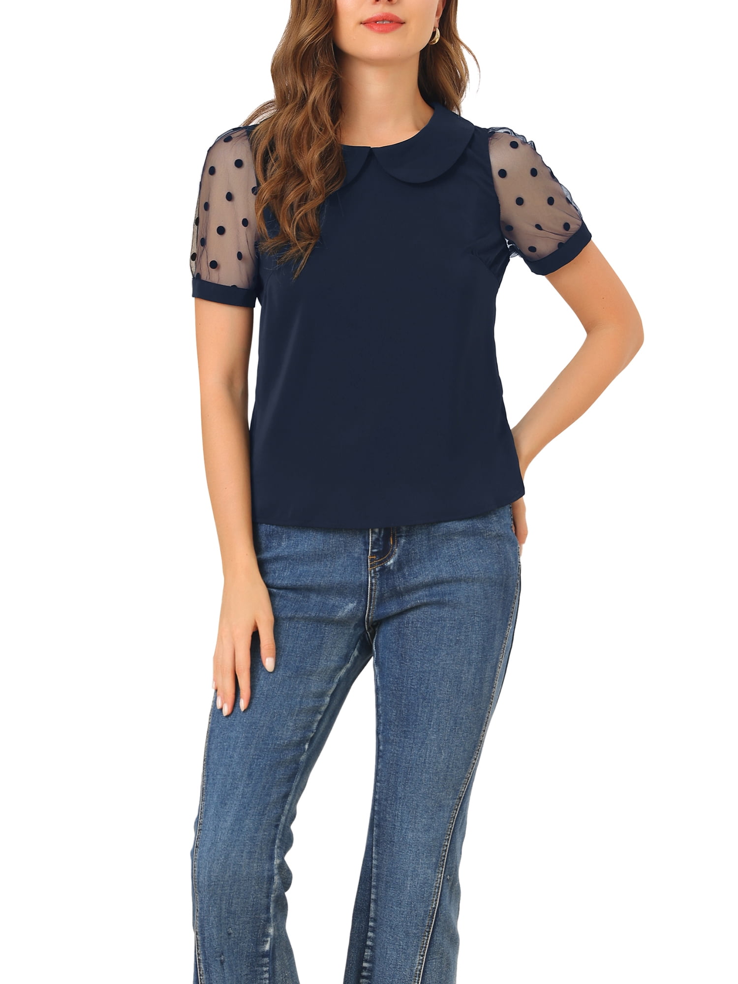 Wavlynn Women Striped Cotton Blouse With Peter Pan Collar Button Front Short Sleeve Summer Top