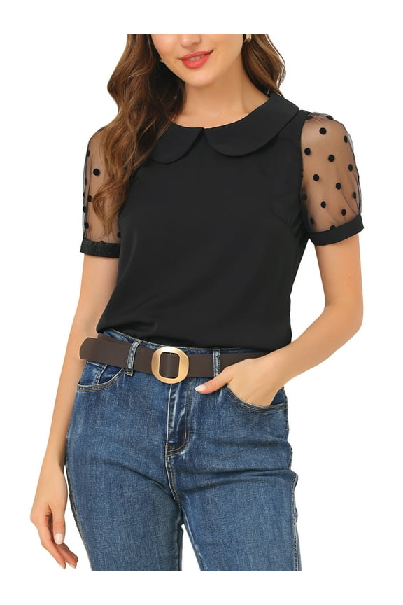 Women's Top Peter Pan Collar Mesh Puff Short Sleeve Vintage Polka Dots Blouse M Black