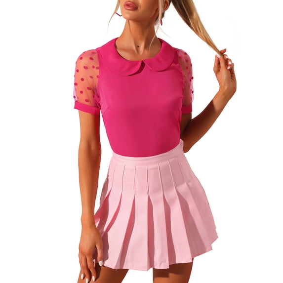 INSPIRE CHIC Women's Top Peter Pan Collar Mesh Puff Short Sleeve Vintage Polka Dots Blouse M Hot Pink