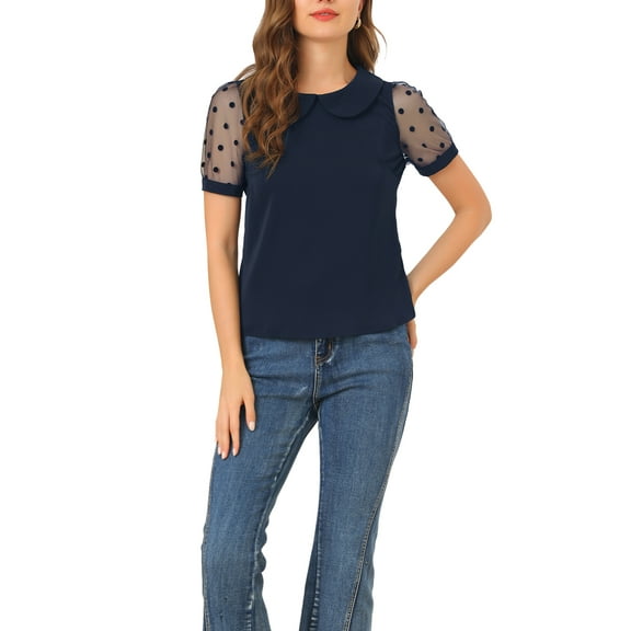 INSPIRE CHIC Women's Top Peter Pan Collar Mesh Puff Short Sleeve Vintage Polka Dots Blouse M Navy Blue