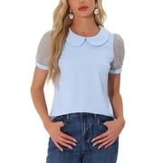 INSPIRE CHIC Women's Top Peter Pan Collar Mesh Puff Short Sleeve Vintage Polka Dots Blouse S Light Blue