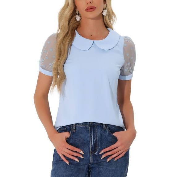 INSPIRE CHIC Women's Top Peter Pan Collar Mesh Puff Short Sleeve Vintage Polka Dots Blouse S Light Blue
