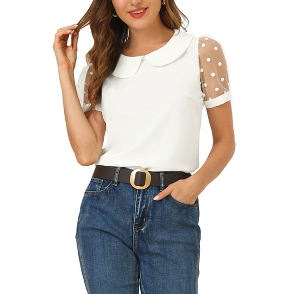 INSPIRE CHIC Women's Top Peter Pan Collar Mesh Puff Short Sleeve Vintage Polka Dots Blouse S White