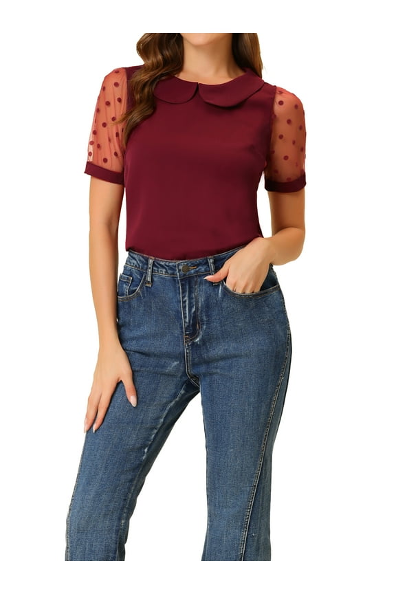 Women's Top Peter Pan Collar Mesh Puff Short Sleeve Vintage Polka Dots Blouse XL Wine Red