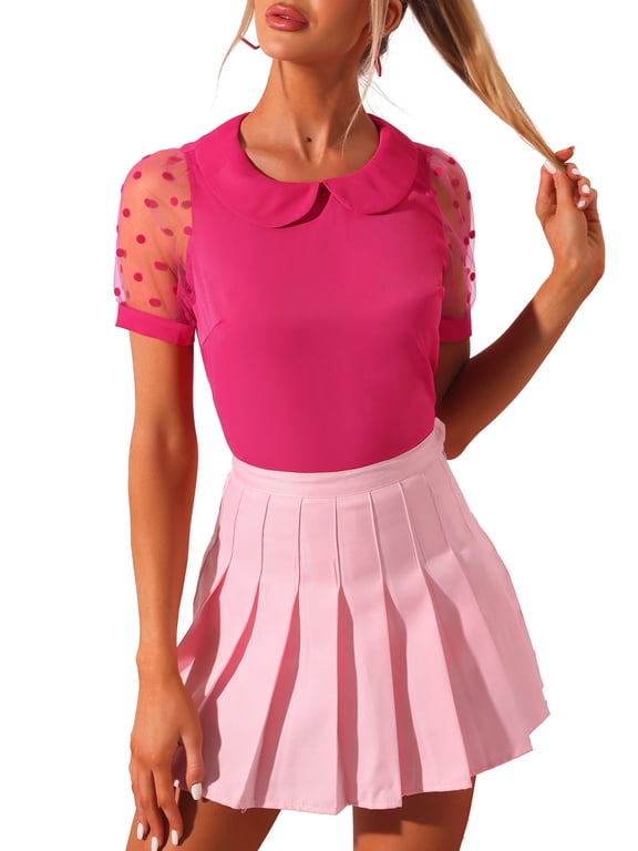 Women's Top Peter Pan Collar Mesh Puff Short Sleeve Vintage Polka Dots Blouse XS Hot Pink