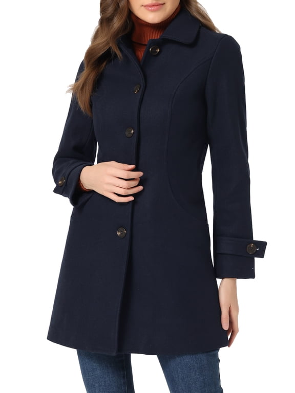 Women's Winter Outerwear Overcoat Peter Pan Collar Mid-thigh A-line Single Breasted Pea Coat L Navy Blue