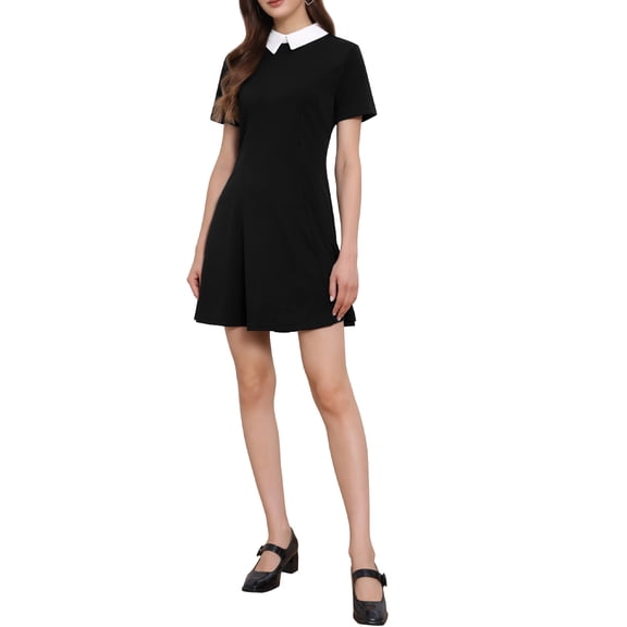 INSPIRE CHIC Women's Peter Pan Contrast Collar Short Sleeves Flare Dress 3XL Black