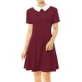 thumbnail image 1 of INSPIRE CHIC Women's Peter Pan Contrast Collar Short Sleeves Flare Dress L Burgundy, 1 of 6