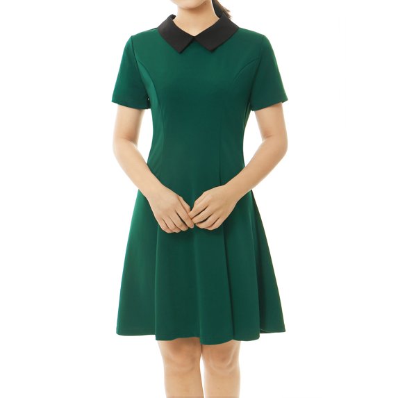 INSPIRE CHIC Women's Peter Pan Contrast Collar Short Sleeves Flare Dress L Green