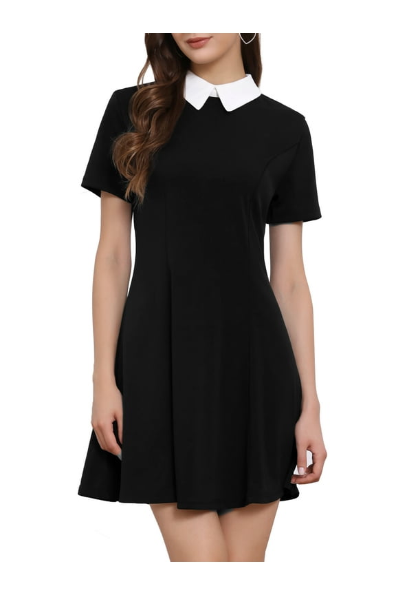 Women's Peter Pan Contrast Collar Short Sleeves Flare Dress XL Black
