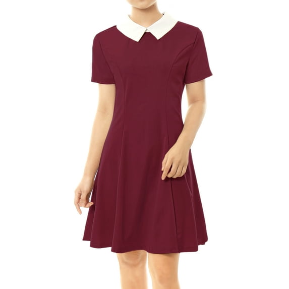INSPIRE CHIC Women's Peter Pan Contrast Collar Short Sleeves Flare Dress XS Burgundy