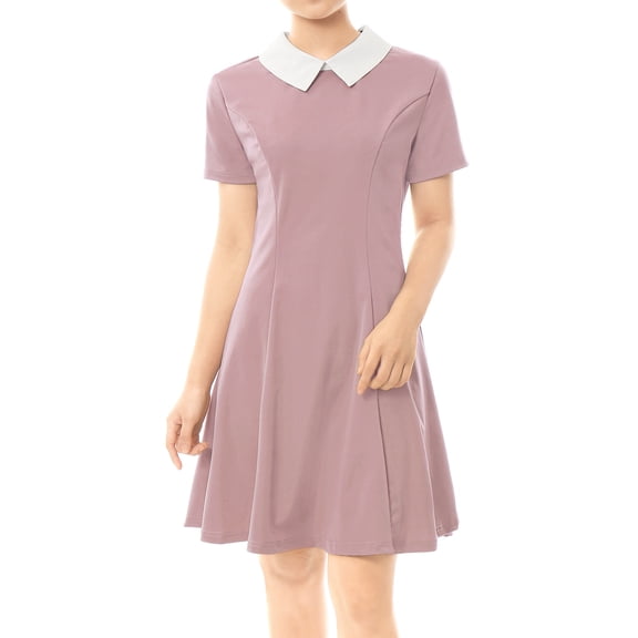 INSPIRE CHIC Women's Peter Pan Contrast Collar Short Sleeves Flare Dress XS Pink