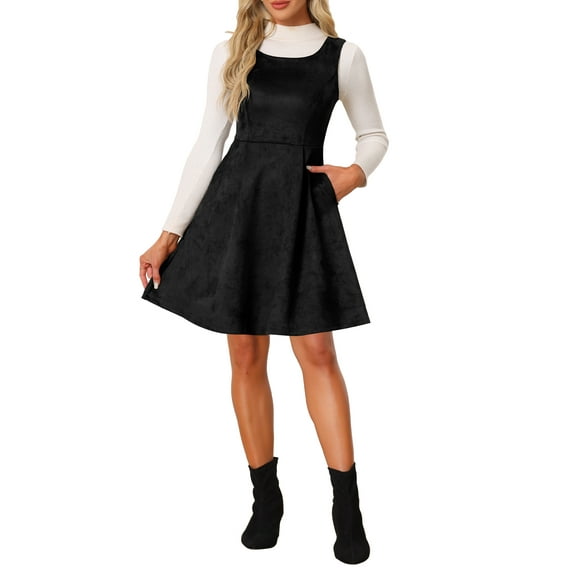 INSPIRE CHIC Pinafore Women's Sleeveless Casual Vintage Faux Suede t Shirt Dresses L Black