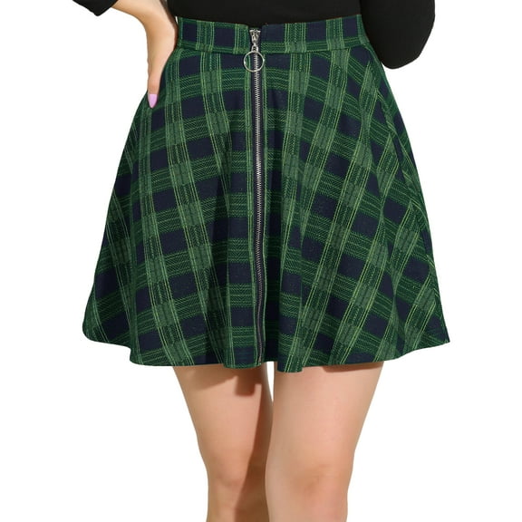 INSPIRE CHIC Women's Skirt Plaid A-Line Zip Up High Waist Mini Skirt S Green