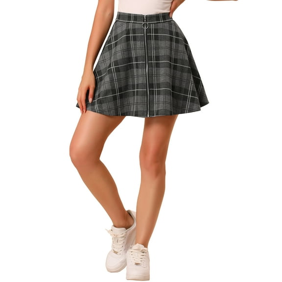 INSPIRE CHIC Women's Skirt Plaid A-Line Zip Up High Waist Mini Skirt M Black