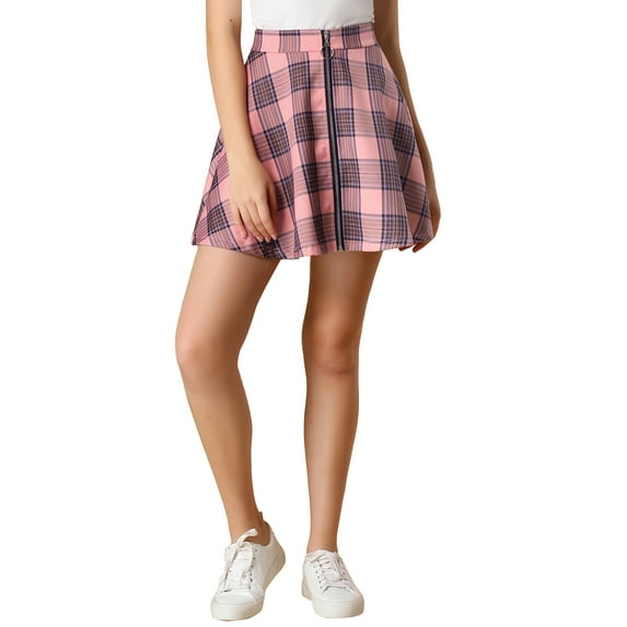 Allegra K Women's Plaid A-Line Zip Up High Waisted Skater Skirt