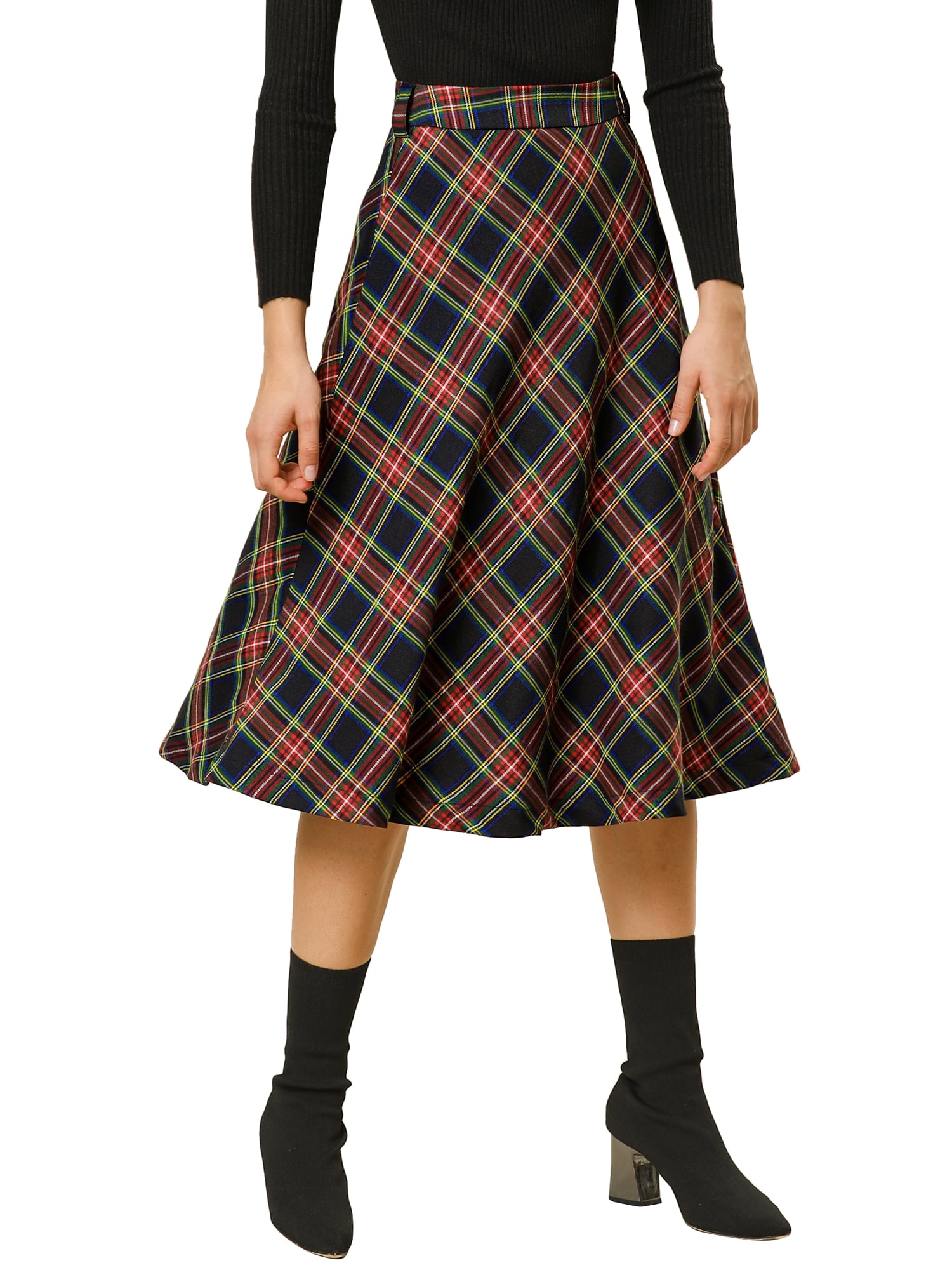 INSPIRE CHIC Women's Plaid Skirts Belted High Waist A-Line Mid-Length ...