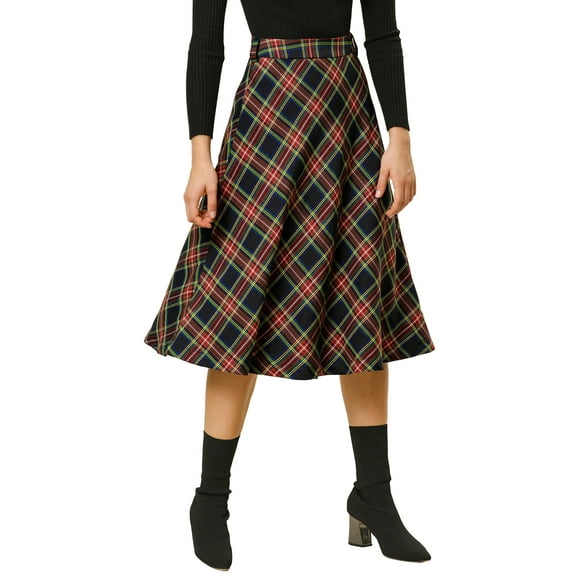 INSPIRE CHIC Women's Plaid Skirts Belted High Waist A-Line Mid-Length Skirts L Dark Blue