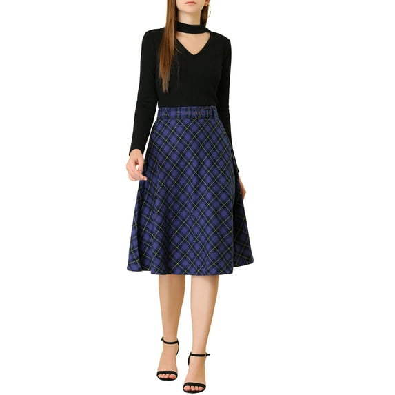 INSPIRE CHIC Women's Plaid Skirts Belted High Waist A-Line Mid-Length Skirts M Blue
