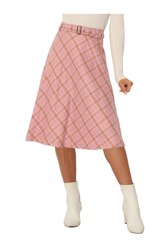 Women's Plaid Skirts Belted High Waist A-Line Mid-Length Skirts S Light Pink